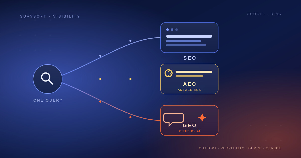 Diagram showing one search query splitting into three paths: SEO leading to Google and Bing results, AEO leading to an answer box, and GEO leading to a citation inside ChatGPT, Perplexity, Gemini, and Claude