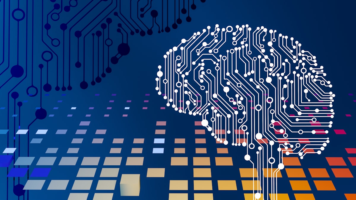 Abstract visualization of an AI agent workflow with glowing neural network nodes and automated task routing, representing business process automation