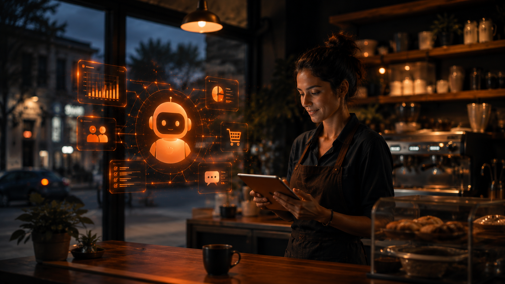 Kansas City small business owner reviewing an AI-powered inbox triage assistant on a laptop in a warm sunlit shop, showing practical AI use for small business websites