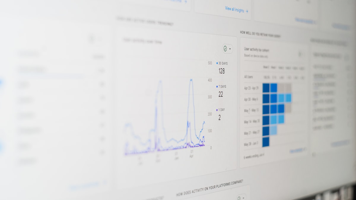 A laptop screen displaying a data and analytics dashboard, representing the kind of search performance tracking used to measure B2B SEO